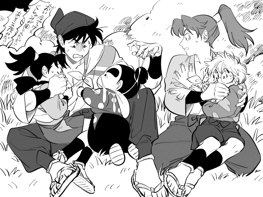 5boys, between_legs, covering_another's_mouth, disgust, doi_hansuke, fukutomi_shinbei, glass, gloom_(expression)