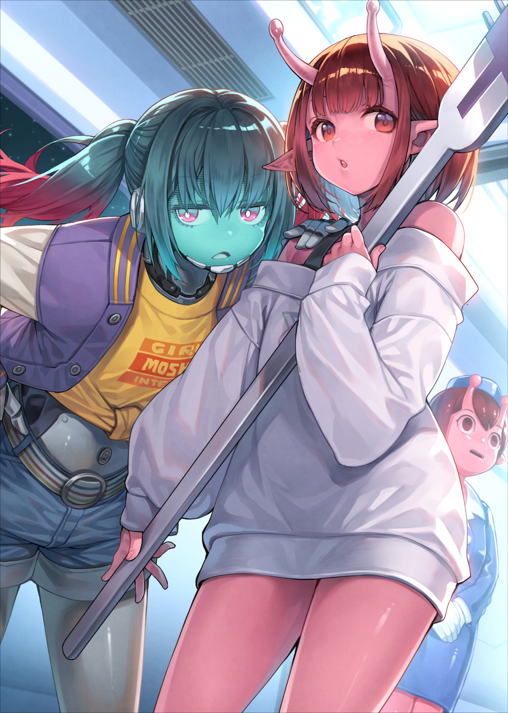 3girls, android, antennae, belt, belt_buckle, blue_hair, blue_hat, blue_jacket