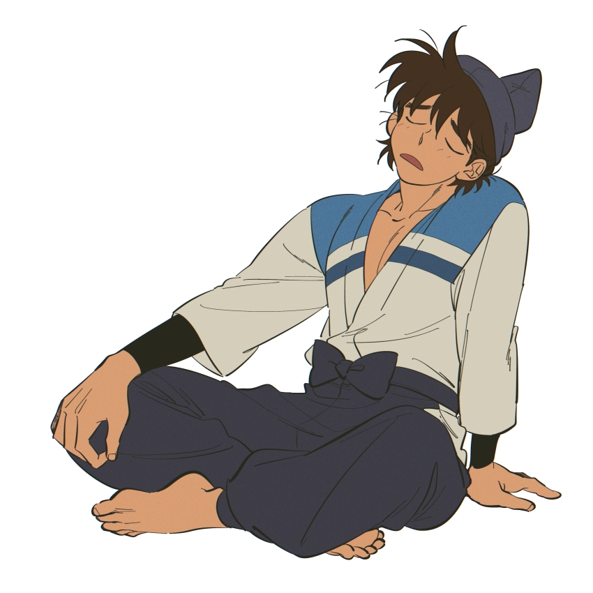 1boy, absurdres, arm_at_side, barefoot, black_hair, black_pants, closed_eyes, collarbone