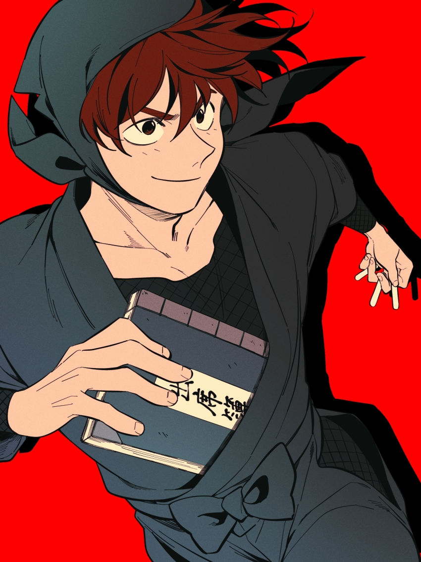 1boy, absurdres, black_eyes, black_hood, black_kimono, black_pants, black_shirt, book