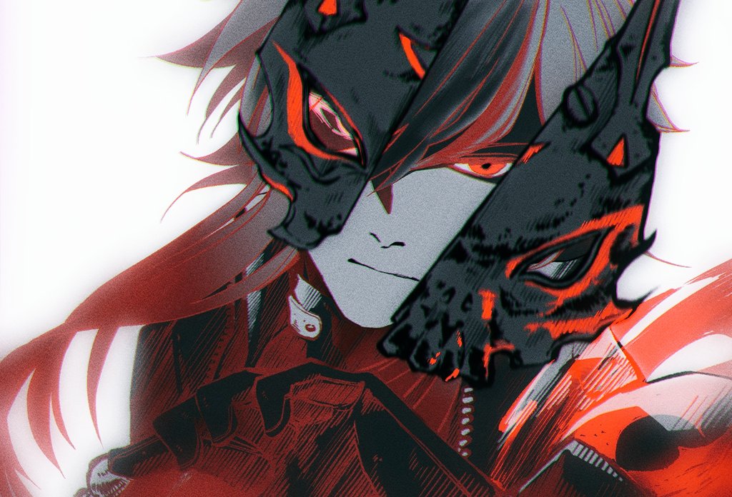 1boy, akaraine_(lionred), black_hair, fate/grand_order, fate_(series), grey_hair, kondou_isami_(fate), long_hair, looking_at_viewer, male_focus, mask, multicolored_hair, red_eyes, red_hair, simple_background, solo, upper_body, white_background