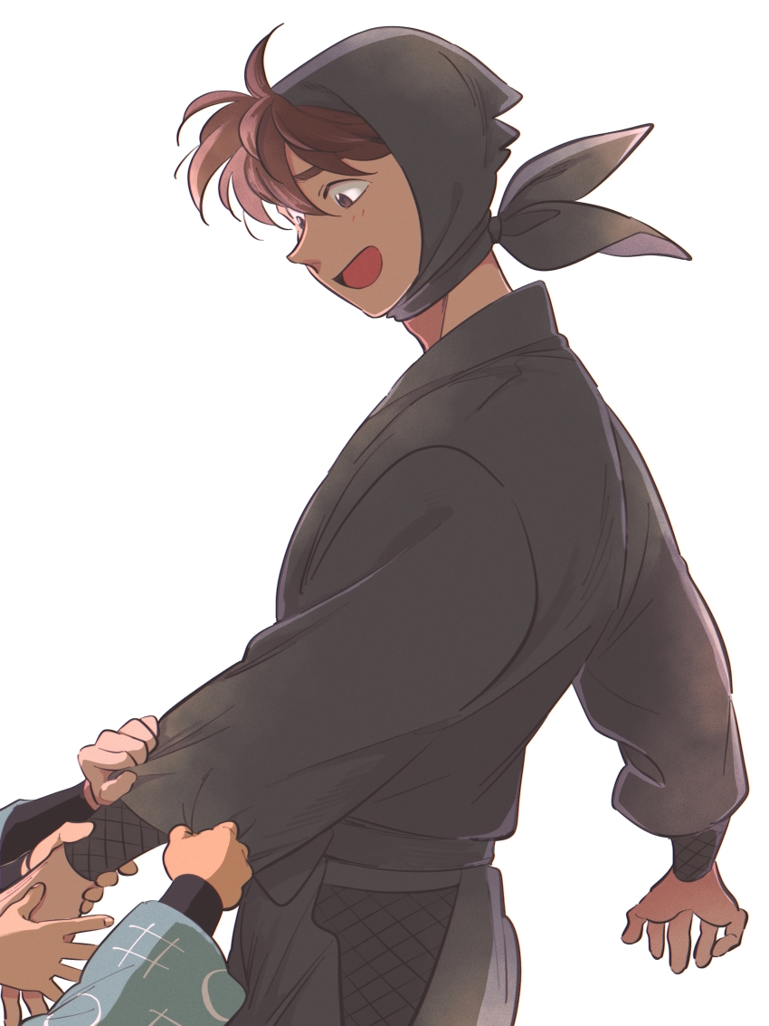 4boys, absurdres, arms_at_sides, black_hood, black_kimono, black_pants, brown_hair, cowboy_shot