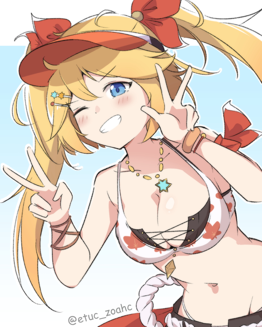 1girl, ;d, absurdres, bare_shoulders, bikini, black_bikini, blonde_hair, blue_eyes