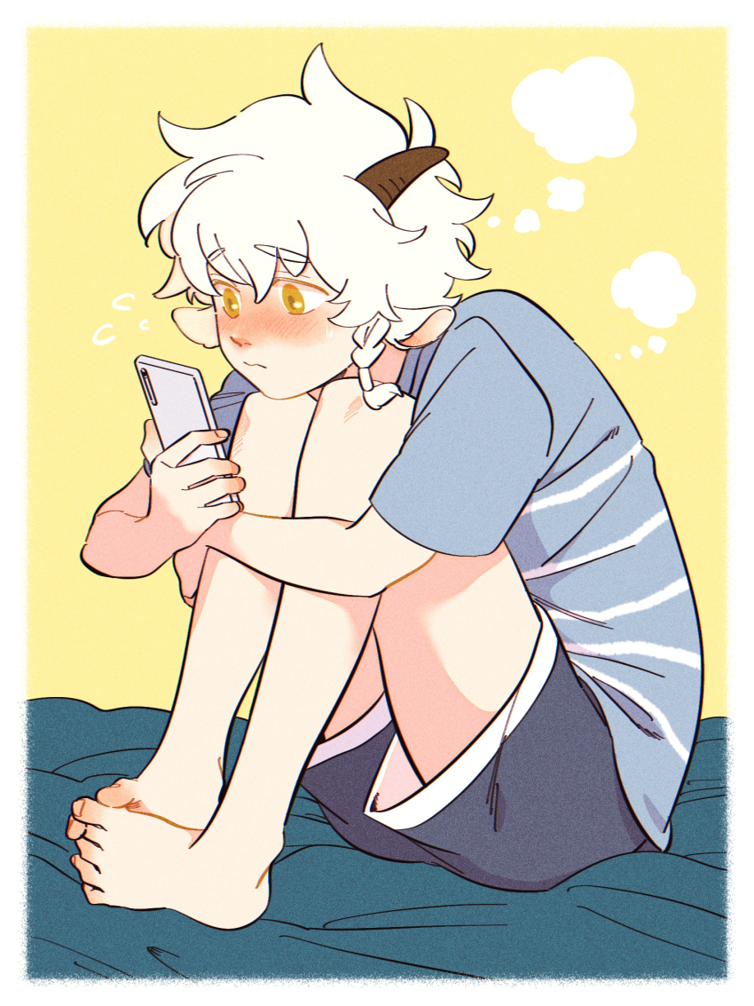 1boy, all_saints_street, animal_ears, barefoot, black_horns, black_shorts, blank_speech_bubble, blue_shirt, blush, border, braid, braided_sidelock, cellphone, full_body, furrowed_brow, goat_ears, head_rest, highres, holding, holding_phone, horns, humoto_00, knees_up, looking_at_phone, male_focus, neil_bowman, nose_blush, on_bed, phone, shirt, short_hair, shorts, single_sidelock, sitting, smartphone, solo, speech_bubble, striped_clothes, striped_shirt, t-shirt, thought_bubble, white_border, white_hair, yellow_background, yellow_eyes