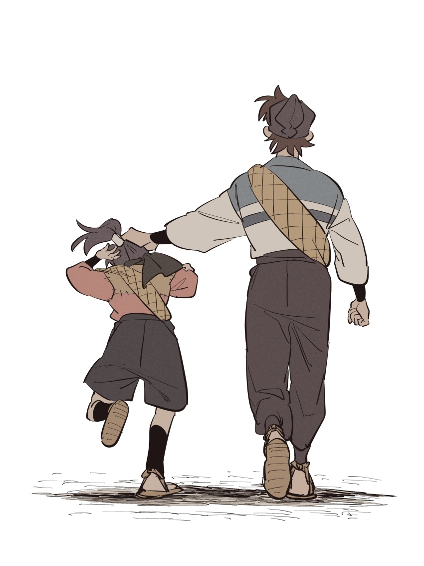 2boys, absurdres, age_difference, arm_at_side, black_pants, black_shorts, child, doi_hansuke