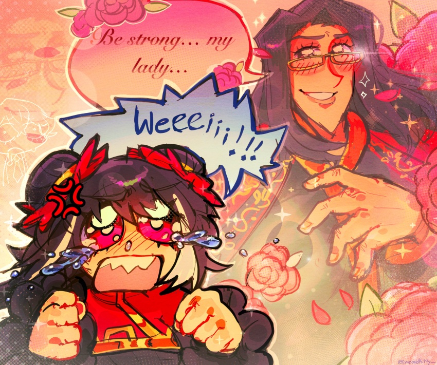 1girl, 2boys, anger_vein, black_coat, black_hair, blush, brown_eyes, cape