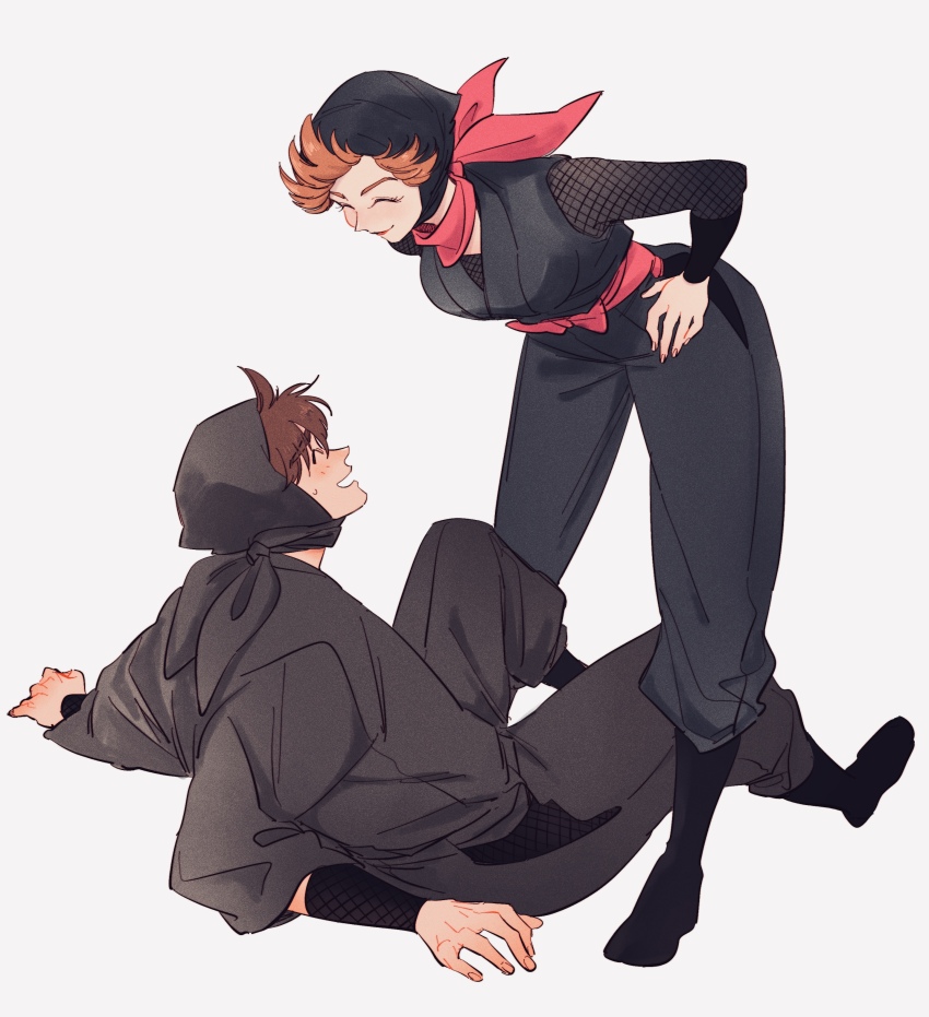 1boy, 1girl, ^_^, absurdres, arms_at_sides, bandana, bandana_around_neck, black_boots