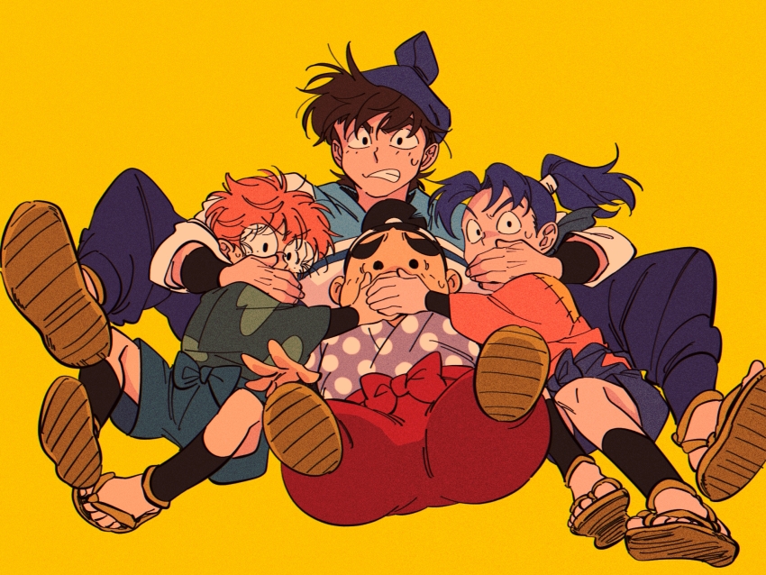 4boys, age_difference, black_eyes, black_hair, black_pants, blue_hair, blue_shorts, brown_hair