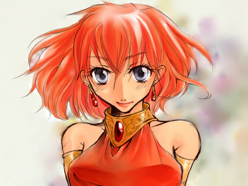 1990s_(style), 1girl, bare_shoulders, blue_eyes, breasts, earrings, female_focus, final_fantasy