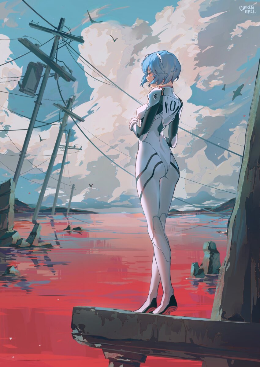 1girl, ayanami_rei, blue_hair, blue_sky, bodysuit, chikenryice, cloud, highres