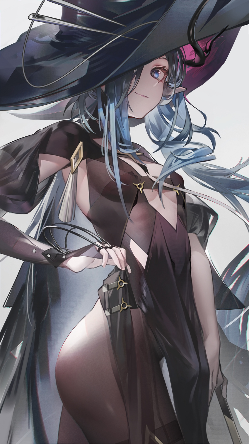 1girl, arknights, black_dress, black_gloves, black_hair, black_pantyhose, blue_eyes, breasts, commentary_request, dress, ermengarde_(arknights), fingerless_gloves, gamgi, gloves, hat, highres, long_hair, pantyhose, pointy_ears, simple_background, single_glove, small_breasts, solo, very_long_hair, white_background, witch_hat