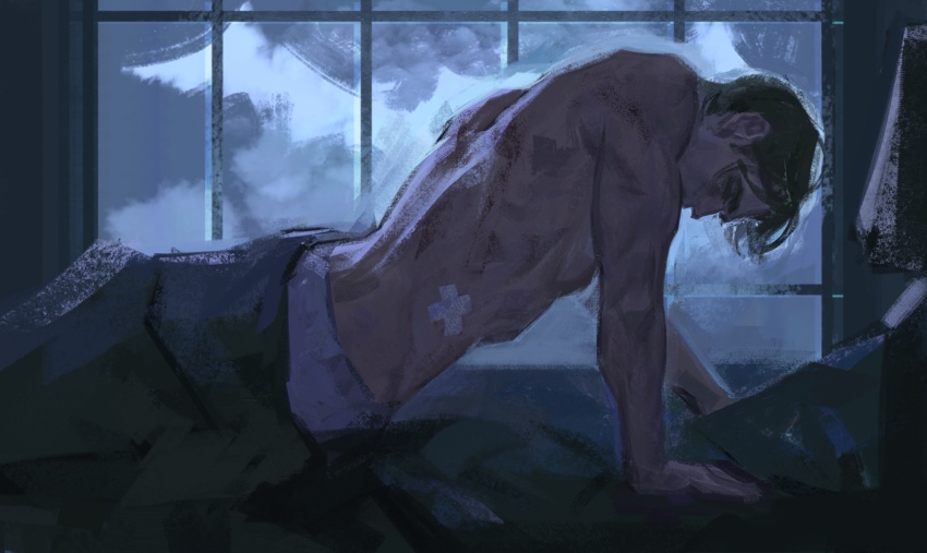 1boy, arm_support, batman_(series), bed, black_hair, bruce_wayne, closed_eyes, commentary