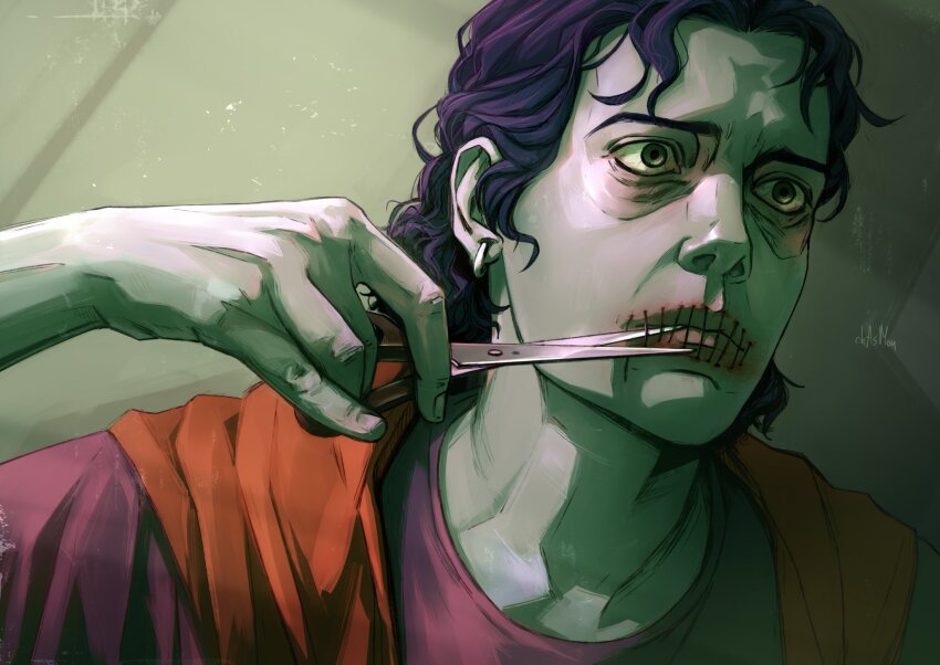 1boy, chasmou, clothes_lift, earrings, grey_eyes, highres, holding, holding_scissors