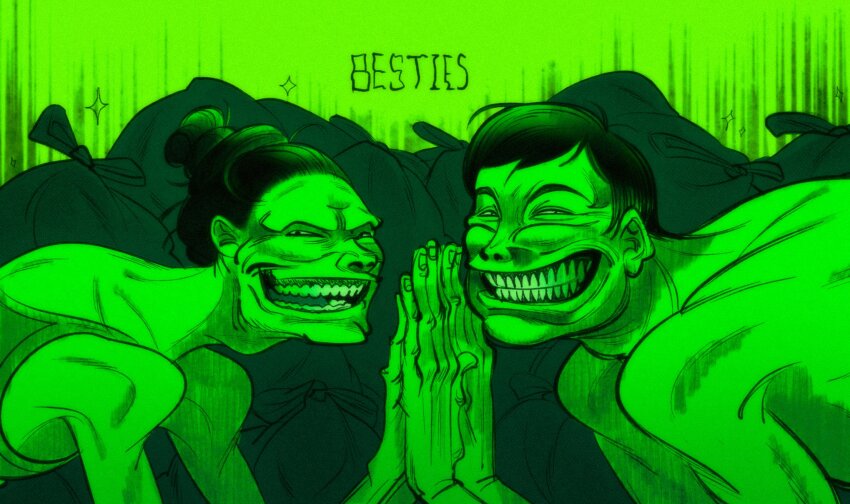 1boy, 1girl, black_hair, cat_lady_(no_i'm_not_a_human), devillefort, english_text, evil_grin, evil_smile