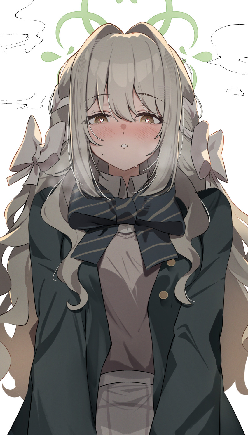 1girl, absurdres, blue_archive, blush, bow, bowtie, braid, breasts, brown_eyes, choppy_bangs, commentary_request, diagonal-striped_bow, diagonal-striped_bowtie, diagonal-striped_clothes, green_bow, green_bowtie, green_halo, green_jacket, grey_hair, hair_between_eyes, hair_bow, hair_ribbon, halo, heart, heart-shaped_pupils, highres, jacket, kaedemaru, large_breasts, long_hair, long_sleeves, looking_at_viewer, miyo_(blue_archive), ribbon, ribbon_braid, shirt, solo, striped_bow, striped_bowtie, striped_clothes, symbol-shaped_pupils, very_long_hair, white_bow, white_shirt