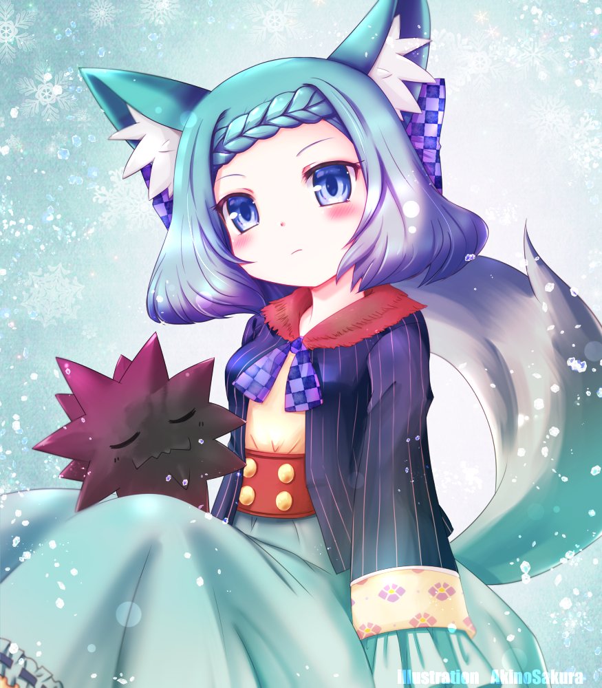 1girl, akino_sakura, animal_ears, blue_bow, blue_eyes, blue_hair, blue_jacket, blue_ribbon