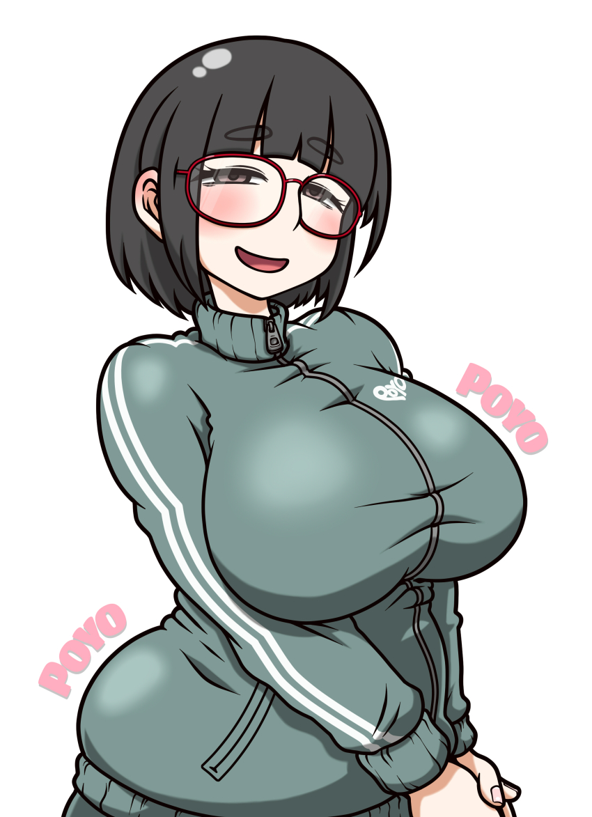 1girl, :d, absurdres, black_hair, breasts, glasses, green_jacket, highres, impossible_clothes, jacket, jersey, jimiko, large_breasts, long_sleeves, open_mouth, original, own_hands_together, short_hair, simple_background, smile, track_jacket, track_suit, yamada_naoto, zipper