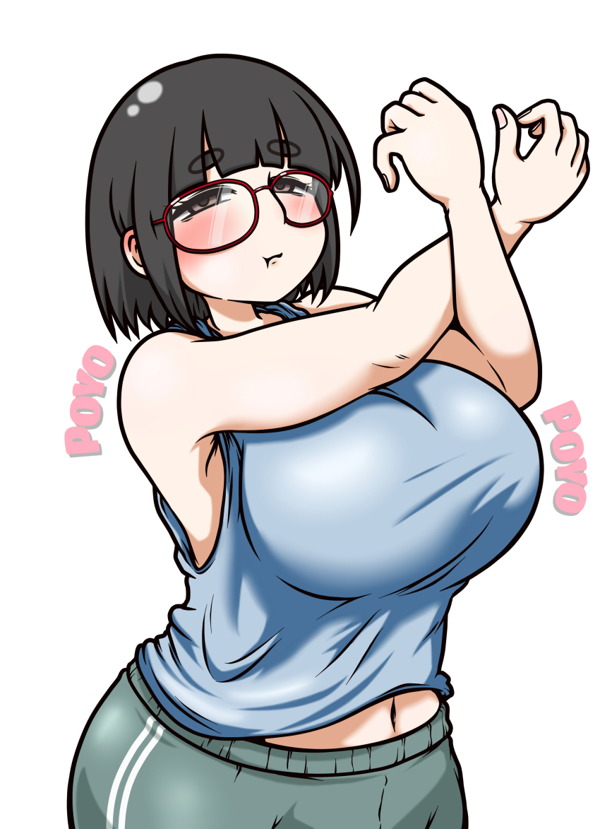 1girl, absurdres, arms_up, blue_shirt, blush, breasts, crossed_arms, glasses
