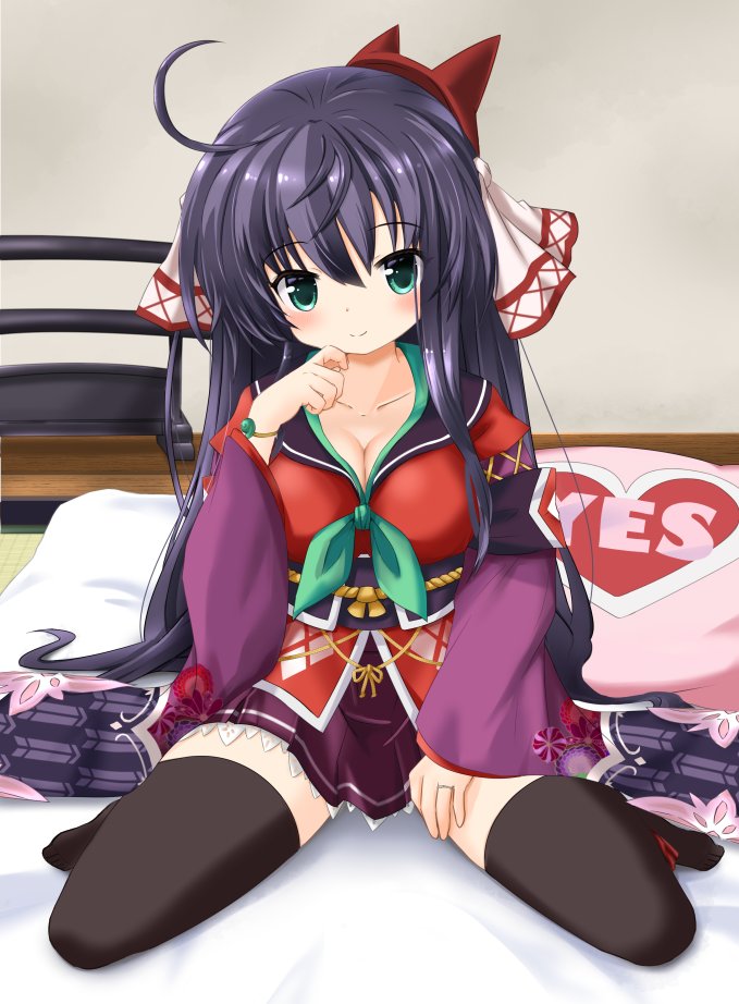 ahoge, akino_sakura, black_hair, black_thighhighs, breasts, cleavage, emil_chronicle_online, green_eyes