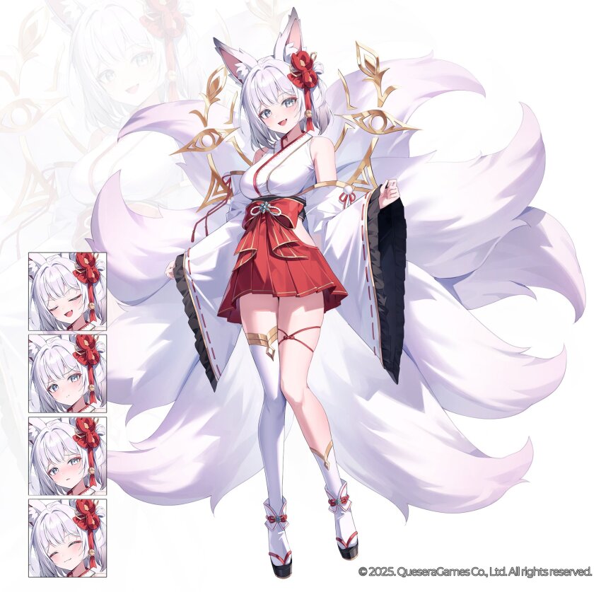 1girl, animal_ears, asymmetrical_legwear, bare_shoulders, breasts, clothing_cutout, detached_sleeves, embarrassed, flower, fox_ears, fox_girl, fox_tail, full_body, gold_trim, grey_eyes, hair_flower, hair_ornament, hakama, hakama_skirt, highres, hip_vent, japanese_clothes, kalpa:_cosmic_symphony, kitsune, kyuubi, large_breasts, looking_at_viewer, miko, multiple_expressions, multiple_tails, official_art, open_mouth, platform_sandals, pleated_skirt, pout, red_skirt, sandals, shirt, short_hair, single_sock, single_thighhigh, skirt, sleeveless, sleeveless_shirt, smile, socks, solo, tail, thighhighs, ugwa, white_hair, white_shirt, white_thighhighs, wide_sleeves, zouri