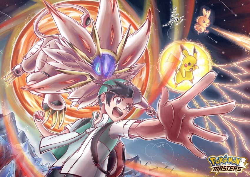 1boy, backpack, bag, baseball_cap, black_hair, claws, copyright_logo, electricity