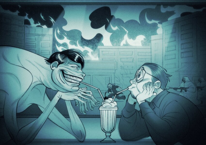 5boys, black_hair, black_shirt, building, collared_shirt, devillefort, drinking_straw, drinking_straw_in_mouth, facial_hair, fire, fleeing, gas_mask, glasses, goatee, green_theme, grin, gun, hazmat_suit, head_rest, highres, holding, holding_gun, holding_weapon, intruder_(no_i'm_not_a_human), light_rays, long_hair, looking_at_another, male_focus, mask, milkshake, multiple_boys, no_i'm_not_a_human, parody, reporter_(no_i'm_not_a_human), shirt, short_hair, smile, teeth, topless_male, weapon