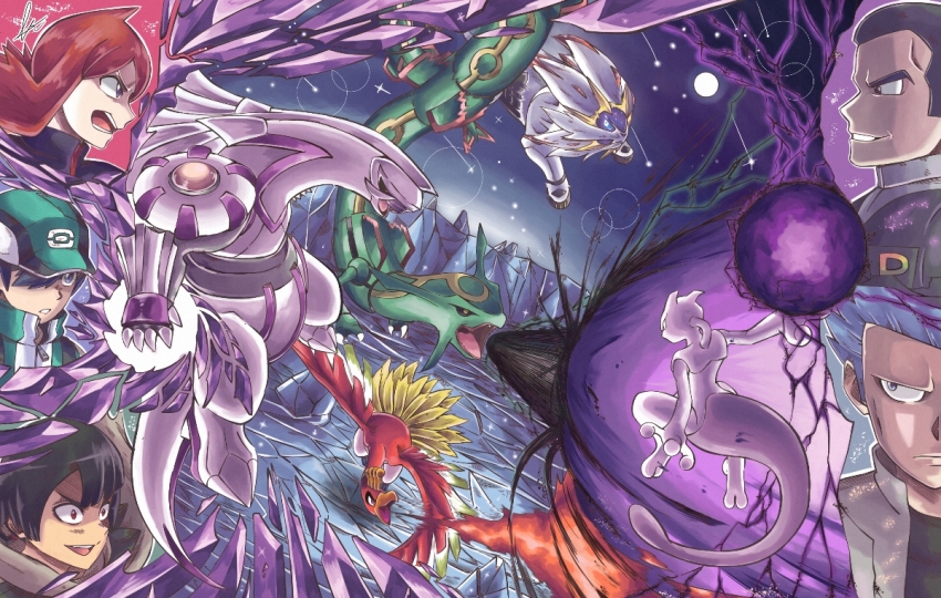 1girl, 4boys, battle, black_hair, blue_hair, cyrus_(pokemon), fire, furry, gen_1_pokemon, gen_2_pokemon, gen_3_pokemon, gen_4_pokemon, gen_7_pokemon, giovanni_(pokemon), ho-oh, laufan_rika, legendary_pokemon, mewtwo, multiple_boys, night, nintendo, open_mouth, palkia, pokemon, pokemon_(creature), pokemon_diamond/pearl/platinum, pokemon_heartgold_and_soulsilver, pokemon_masters_ex, pokemon_omega_ruby_and_alpha_sapphire, pokemon_ultra_sun_and_ultra_moon, rayquaza, red_hair, scottie_(pokemon), silver_(pokemon), sky, solgaleo, team_galactic, team_rainbow_rocket, zinnia_(pokemon)