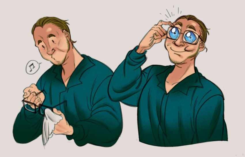 1boy, blue_eyes, brown_hair, collared_shirt, cropped_torso, devillefort, facial_hair, glasses