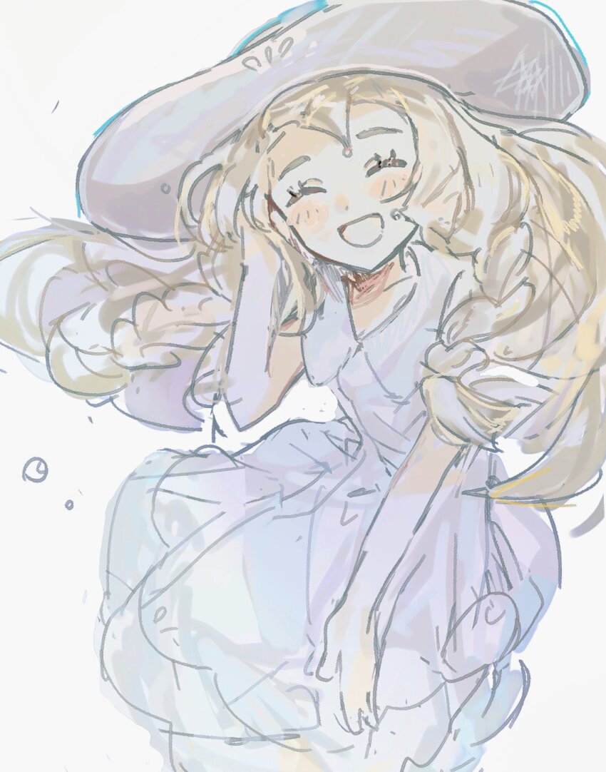 1girl, :d, blonde_hair, blunt_bangs, braid, closed_eyes, collared_dress, dress