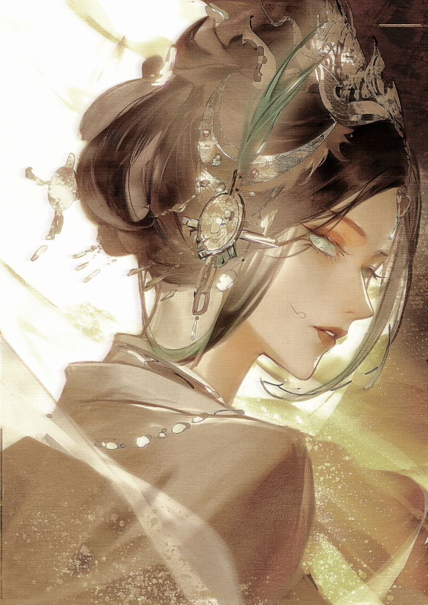 1girl, absurdres, brown_hair, chinese_clothes, commentary, facial_mark, feather_hair_ornament, feathers