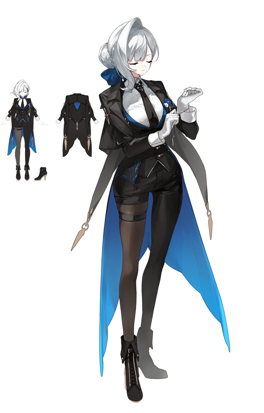 1girl, absurdres, adjusting_clothes, adjusting_gloves, ankle_boots, asymmetrical_clothes, asymmetrical_hair, black_boots