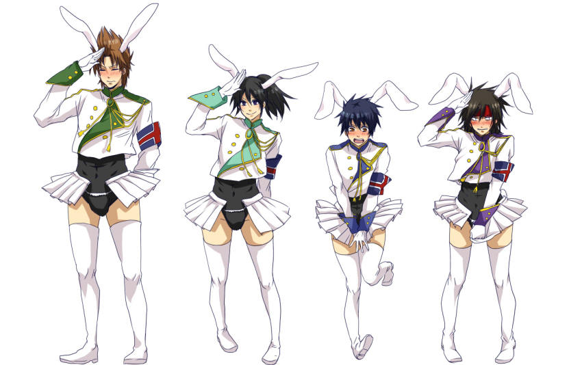4boys, animal_ears, asaga_hiryu, black_hair, blue_hair, blush, brown_hair, bulge, crossdressing, crossdressing_(mtf), kirisaki_kabuto, male_focus, mochizuki_oboro, multiple_boys, psyren, rabbit_ears, short_hair, skirt, smile, yoshina_ageha