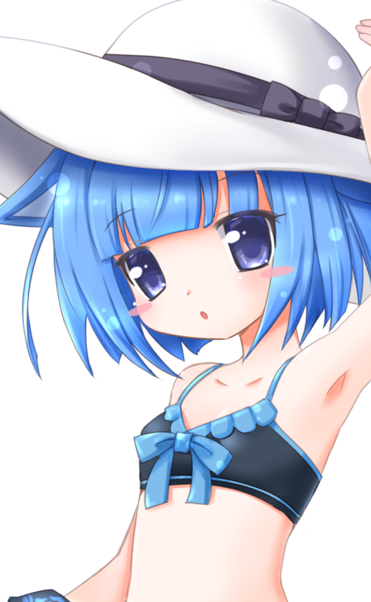 1girl, akino_sakura, animal_ears, armpit_focus, armpits, bikini, blue_bikini, blue_eyes