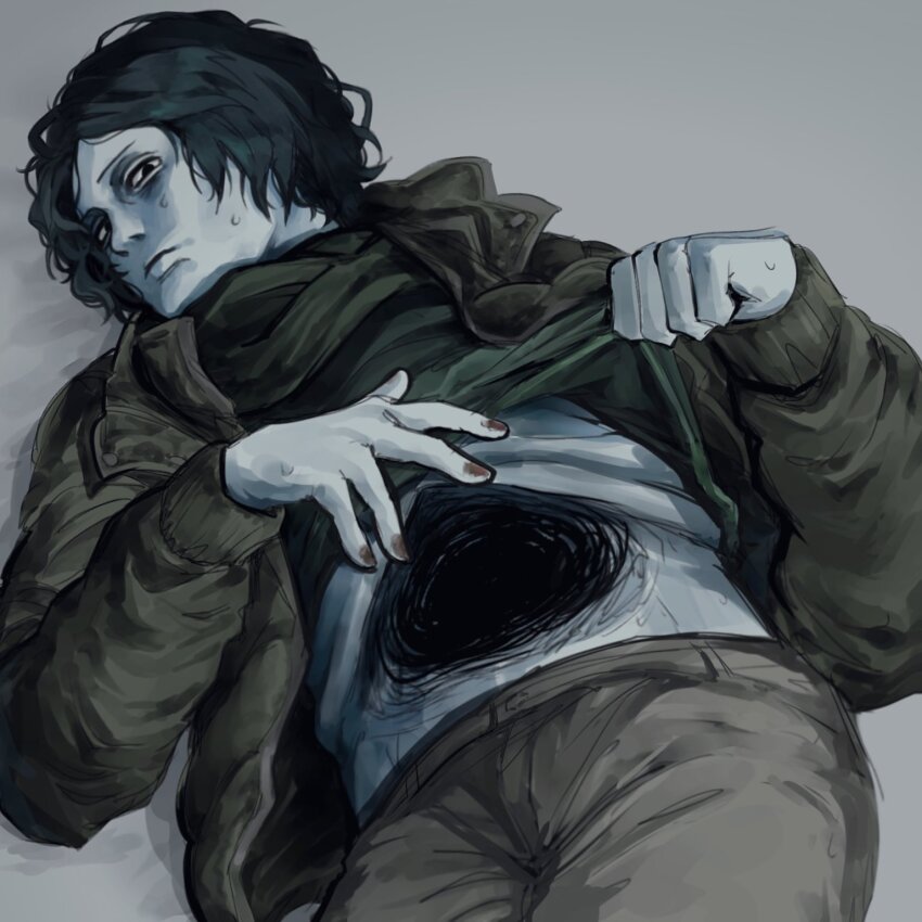 1boy, black_eyes, black_hair, blue_skin, brown_coat, coat, coat_guy_(no_i'm_not_a_human), colored_skin