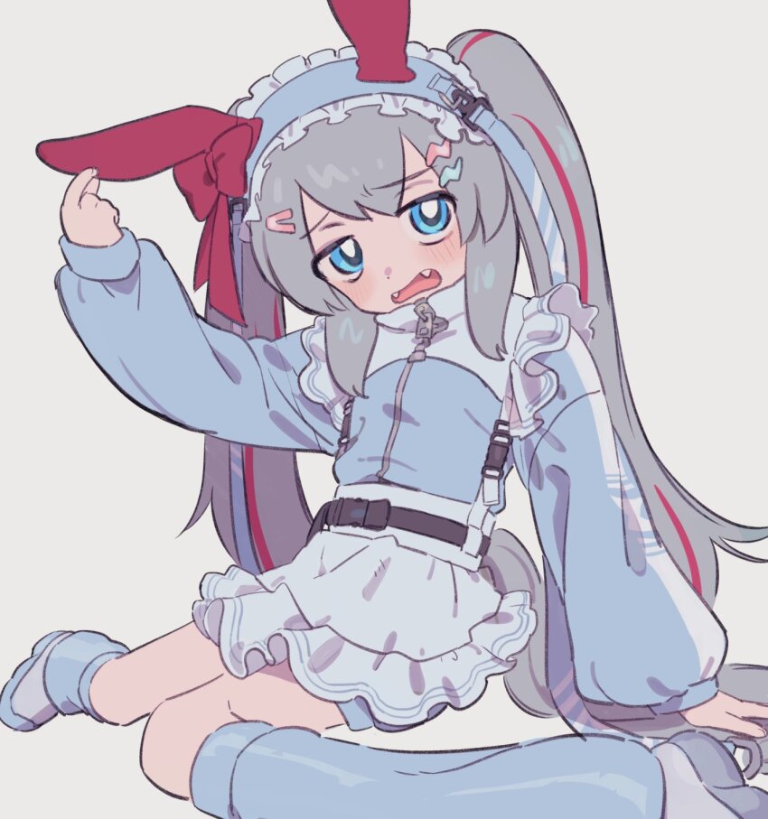 1girl, alternate_costume, animal_ears, apron, blue_eyes, blue_headdress, blue_jacket, blue_shorts, blush, ear_covers, fangs, frilled_apron, frills, grey_hair, grey_tail, hair_between_eyes, hair_ornament, hairclip, highres, horse_ears, horse_girl, horse_tail, jacket, jersey_maid, leg_warmers, lightning_bolt, lightning_bolt_hair_ornament, lightning_bolt_symbol, long_hair, long_sleeves, looking_at_viewer, maid, maid_apron, maid_headdress, multicolored_hair, nara_123, open_mouth, red_hair, shorts, simple_background, solo, streaked_hair, tail, tamamo_cross_(umamusume), track_jacket, twintails, umamusume, umamusume:_cinderella_gray, unconventional_maid, very_long_hair, waist_apron, white_apron