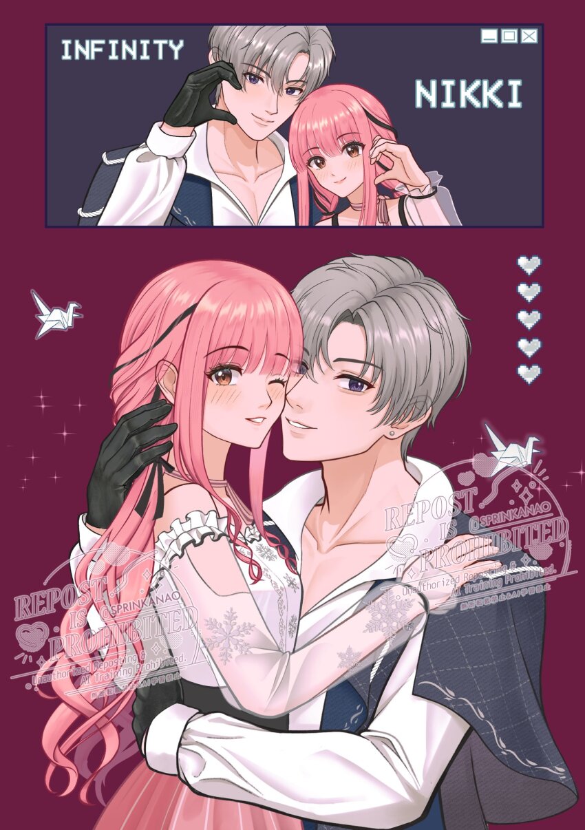 1boy, 1girl, argyle_capelet, argyle_clothes, arm_around_another's_waist, arm_cutout, artist_name, bare_shoulders, black_bow, black_corset, black_gloves, black_ribbon, blue_capelet, blue_vest, blunt_bangs, blush, bow, bow_choker, bowtie, brown_eyes, buttons, capelet, center_frills, choker, closed_mouth, clothing_cutout, collarbone, collared_shirt, copyright_name, corset, couple, earrings, eyelashes, frilled_shirt, frills, giovanni_(infinity_nikki), gloves, grey_hair, hair_between_eyes, hair_bow, hair_ribbon, half-heart_hands, hand_in_another's_hair, hand_on_another's_shoulder, happy, height_difference, hetero, highres, hug, infinity_nikki, jewelry, lips, lipstick, long_hair, long_sidelocks, long_sleeves, low_twintails, makeup, multiple_views, nao_(sprinkanao), nikki_(nikki), nikki_(series), off-shoulder_shirt, off_shoulder, one_eye_closed, open_clothes, open_vest, origami, paper_crane, pectoral_cleavage, pectorals, perfect_start_(infinity_nikki), pink_bow, pink_bowtie, pink_choker, pink_hair, pink_lips, pink_skirt, pleated_skirt, print_sleeves, puffy_long_sleeves, puffy_sleeves, purple_eyes, red_background, ribbon, see-through_clothes, see-through_sleeves, shirt, short_hair, sidelocks, single_stripe, skirt, sleeves_past_wrists, smile, snowflake_print, sparkle, striped_bow, striped_choker, striped_clothes, striped_skirt, stud_earrings, teeth, tress_ribbon, twintails, two-sided_capelet, vertical-striped_clothes, vertical-striped_skirt, very_long_hair, vest, watermark, wavy_hair, white_shirt, window_(computing)