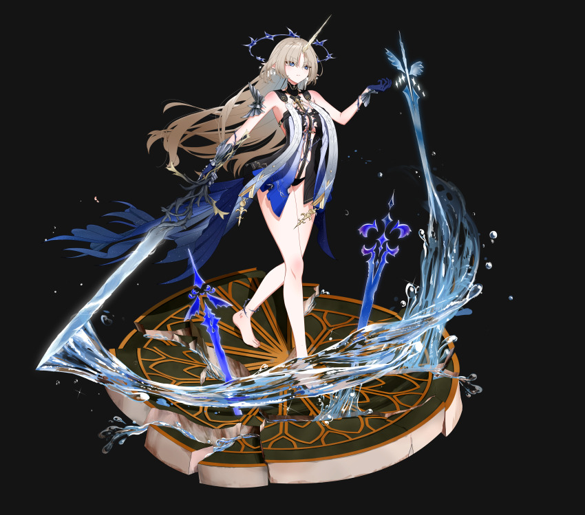 1girl, absurdres, barefoot, black_background, blonde_hair, blue_eyes, coke_kat, female_focus