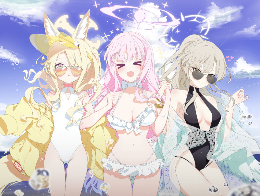 >_<, 3girls, absurdres, blue_archive, breasts, center_opening, coke_kat, commentary_request