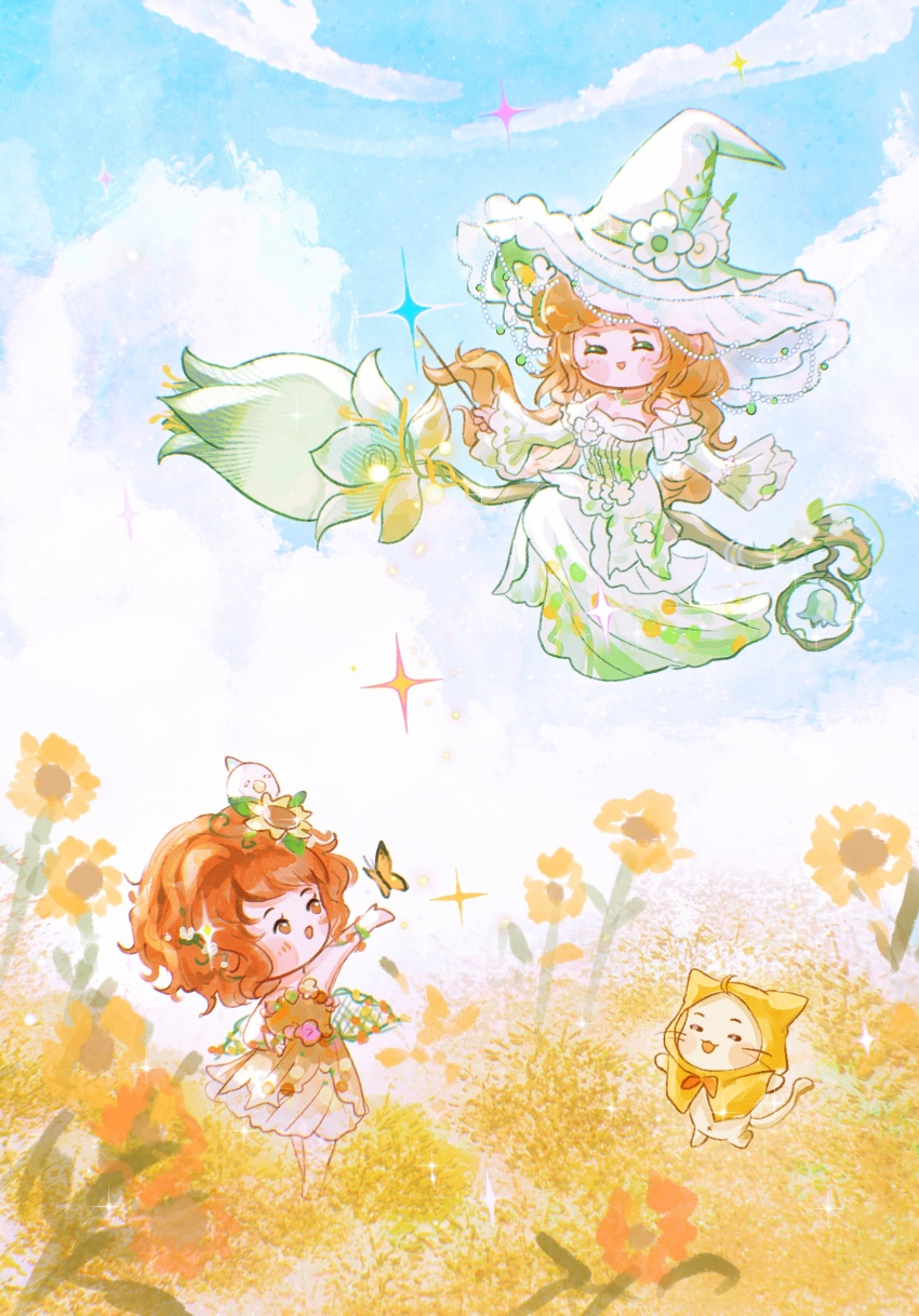 2girls, ^_^, absurdres, ahoge, animal, animal_on_head, bare_legs, barefoot