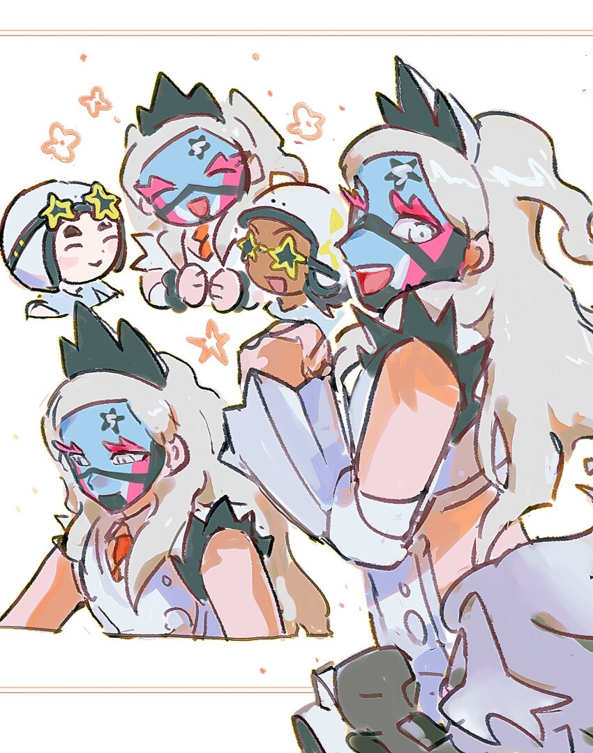 1girl, 2others, annihilape, bare_shoulders, blonde_hair, chibi, chibi_inset, clothing_cutout