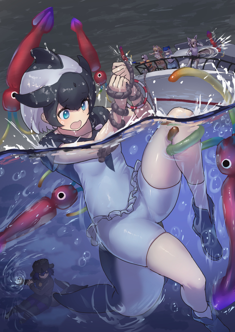 6+girls, animal_ears, black_boots, black_hair, black_hat, black_one-piece_swimsuit, black_pantyhose, black_skirt