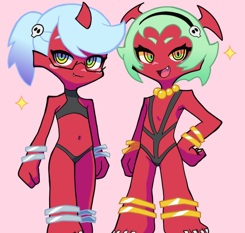 2girls, aged_down, anklet, blue_hair, blush_stickers, bracelet, colored_skin, demon_girl