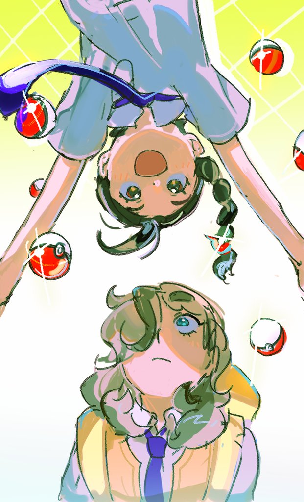 1boy, 1girl, :d, aqua_eyes, arven_(pokemon), braid, brown_eyes, brown_hair, collared_shirt, hair_over_one_eye, homes3eethome, juliana_(pokemon), long_hair, looking_at_another, multicolored_hair, necktie, nintendo, open_clothes, open_mouth, open_vest, poke_ball, poke_ball_(basic), pokemon, pokemon_scarlet_and_violet, purple_necktie, school_uniform, shirt, simple_background, smile, two-tone_hair, upper_body, uva_academy_school_uniform, vest, white_shirt, yellow_background, yellow_bag, yellow_vest