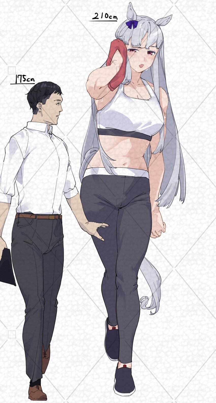 1boy, 1girl, absurdres, animal_ears, black_pants, gold_ship_(umamusume), height_difference, highres, horse_ears, horse_girl, horse_tail, navel, pants, sports_bra, tail, takamaza, tall_female, trainer_(umamusume), umamusume, white_sports_bra