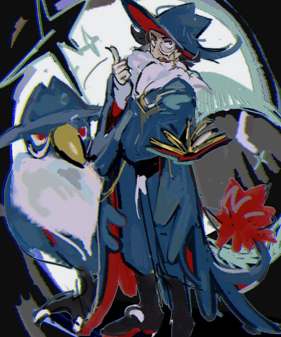 1boy, alternate_costume, beak, bird, black_background, black_eyes, black_hair, black_shoes, blue_coat, blue_hat, blue_pants, book, bright_pupils, coat, cosplay, fluffy, full_body, fur_trim, gen_4_pokemon, giacomo_(pokemon), hat, homes3eethome, honchkrow, honchkrow_(cosplay), looking_at_viewer, male_focus, monocle, nintendo, pants, pointing, pointy_hair, pokemon, pokemon_scarlet_and_violet, shoes, short_hair, simple_background, standing, white_pupils