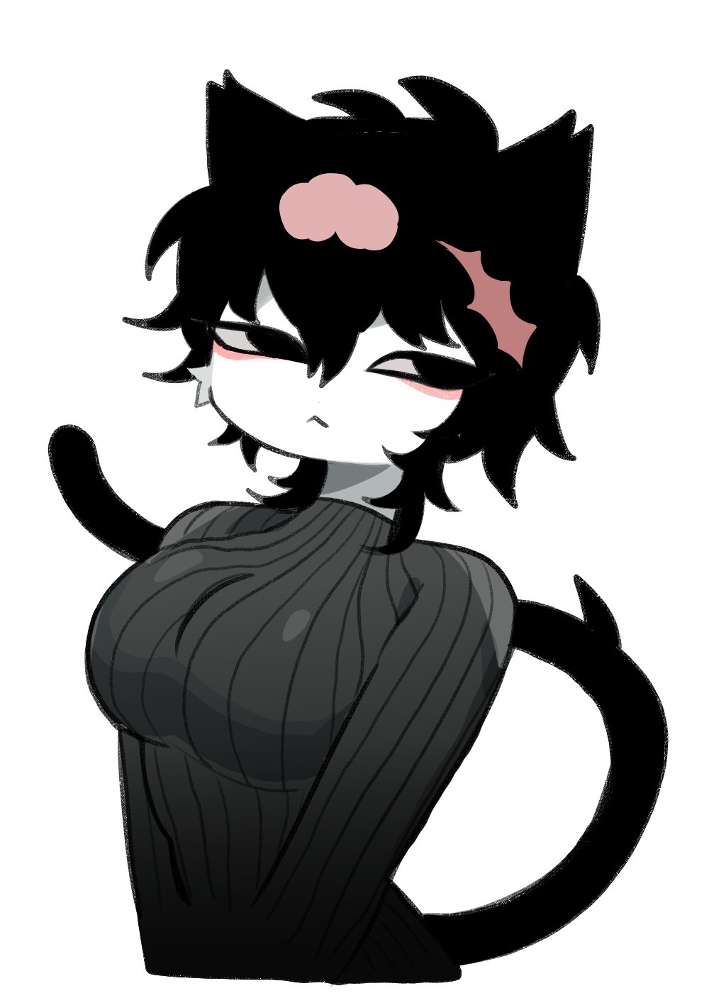 1girl, black_eyes, black_hair, black_sweater, body_fur, brain, cat_(dilnyan03), cat_girl, cat_tail, commentary, dilnyan03, english_commentary, furry, furry_female, genderswap, genderswap_(mtf), hair_ears, highres, looking_at_viewer, original, scar_on_head, short_hair, simple_background, solo, sweater, tail, turtleneck, turtleneck_sweater, upper_body, white_background, white_fur