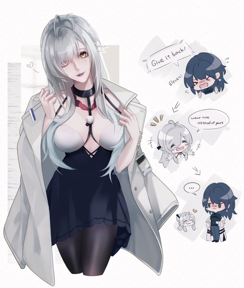 2girls, ahoge, bare_arms, black_dress, black_hair, black_pantyhose, black_shirt, borrowed_clothes, breasts, chibi, chibi_inset, chief_(path_to_nowhere), coat, coat_on_shoulders, collarbone, collared_shirt, commentary, cropped_legs, dress, dress_shirt, eleven_(path_to_nowhere), english_text, female_chief_(path_to_nowhere), formal_clothes, grey_coat, grey_hair, grey_lips, grey_pants, hair_over_one_eye, heart, highres, id_card, large_breasts, linea_alba, mole, mole_under_eye, multiple_girls, pants, pantyhose, parted_lips, path_to_nowhere, shirt, signature, smile, solo_focus, speech_bubble, suit, untranslatable_commentary, two-tone_dress, uwa_(uwawawawu), white_dress, yellow_eyes
