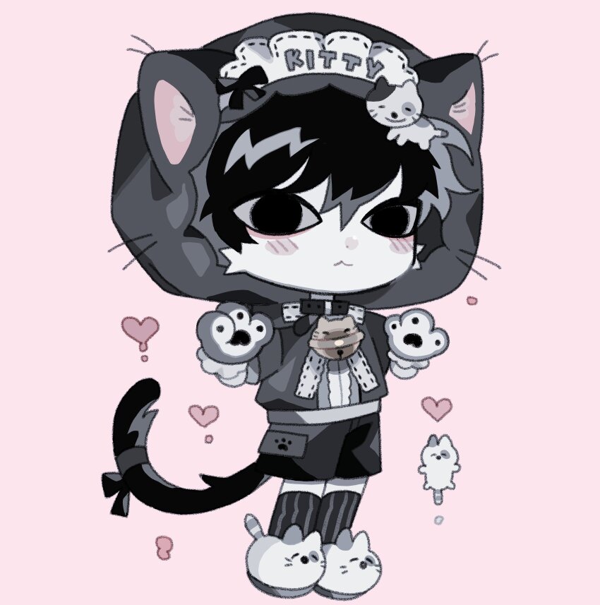 1boy, animal_hands, animal_hood, animal_slippers, bell, black_eyes, black_hair, black_hoodie