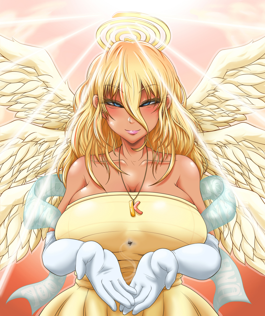 1girl, absurdres, angel, angel_wings, bare_shoulders, blonde_hair, blue_eyes, breasts
