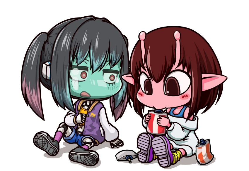 2girls, :o, alien, android, antennae, black_hair, black_shoes, blush